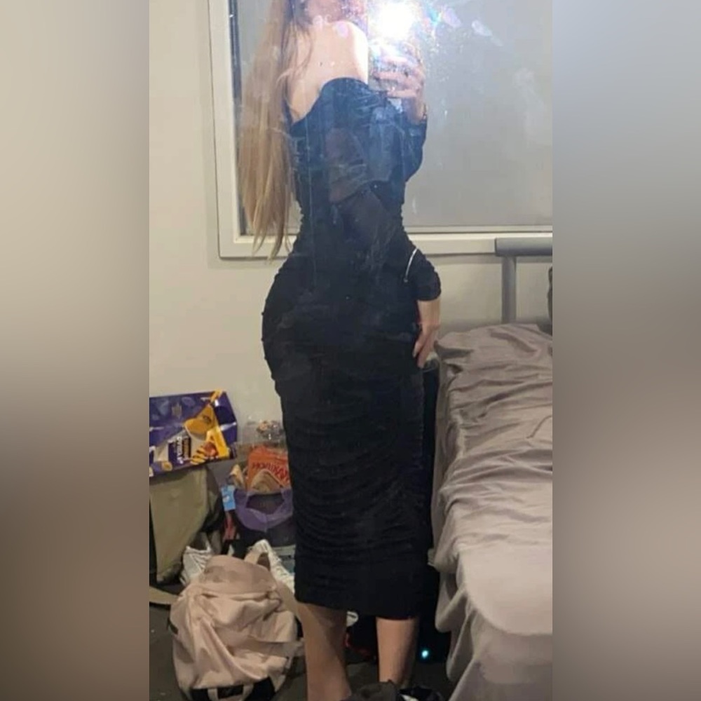 Off Shoulder Ruched Mesh Bodycon Dress - Picture 7 of 7